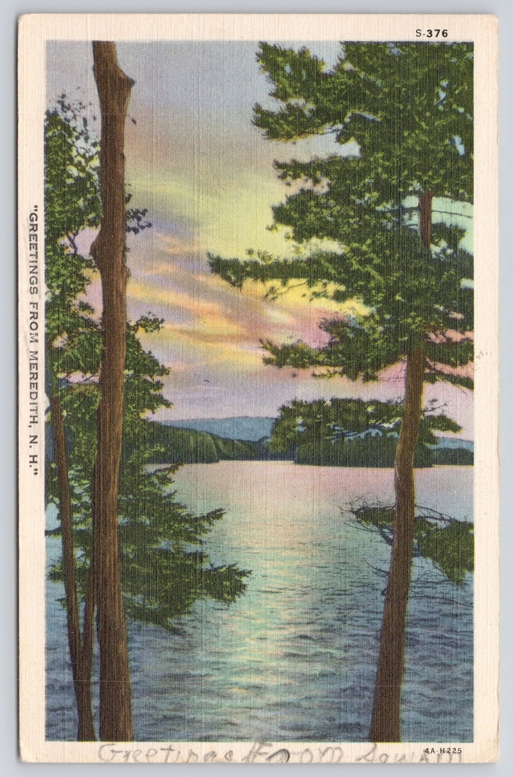 Gretting From Meredith NH Postcard 1946 Lake Scene Curteich Holderness Postmark