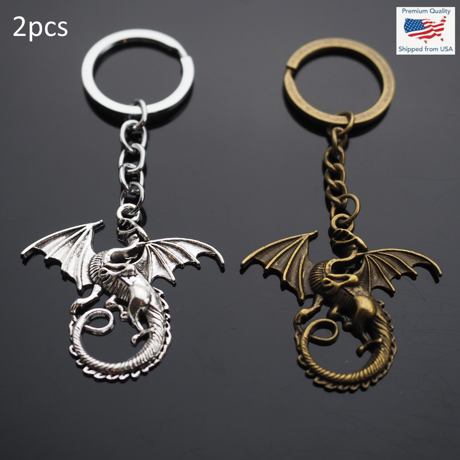 2pcs - Magical Winged Dragon Mythology Vintage Charm Keychain - Silver & Bronze