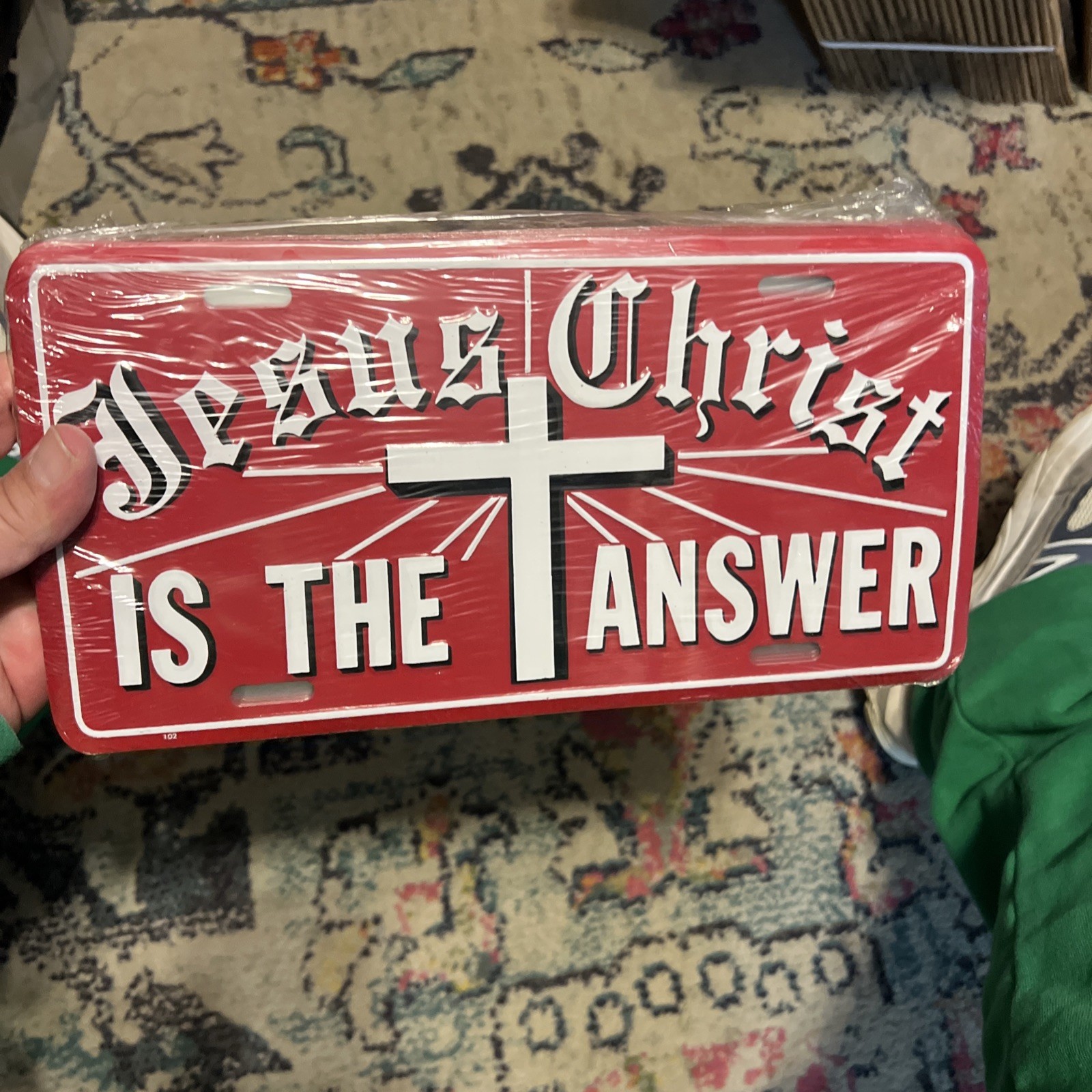 Red Metal- Jesus Christ Is The Answer with Cross -Collectible Tag license plate