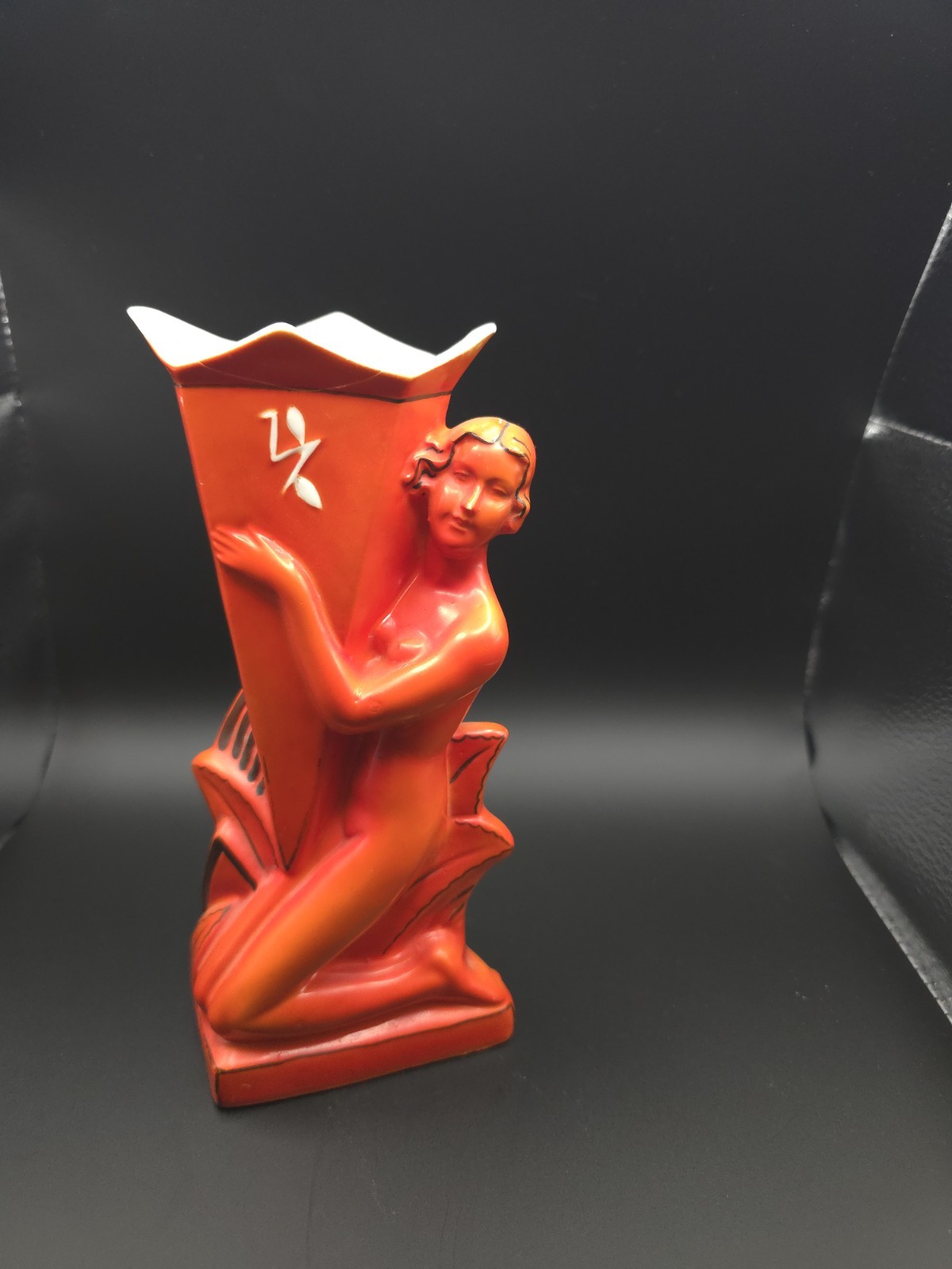 Antique German Art Deco Figural Vase Nude Woman Orange Porcelain Germany