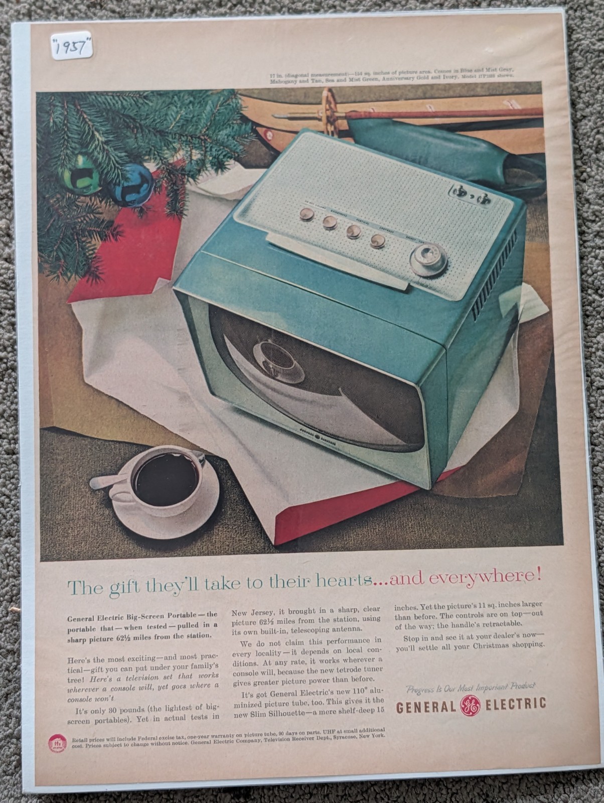 1957 GE Television Christmas Vintage Print Ad Big Screen Portable