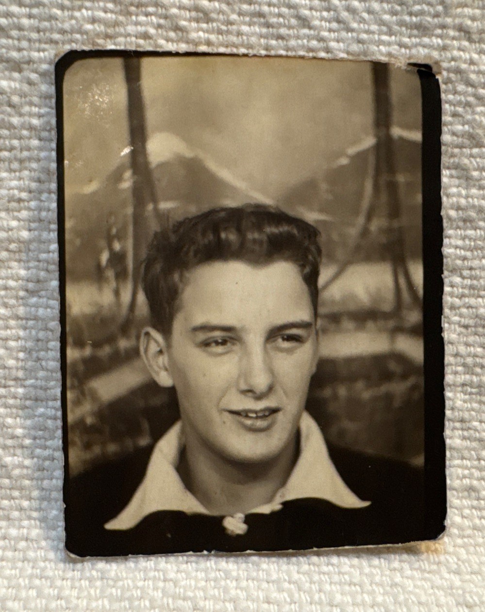 Vtg 1940 Photo Booth Photo Handsome Young Man-Wintery Background-Signed-Gay Int