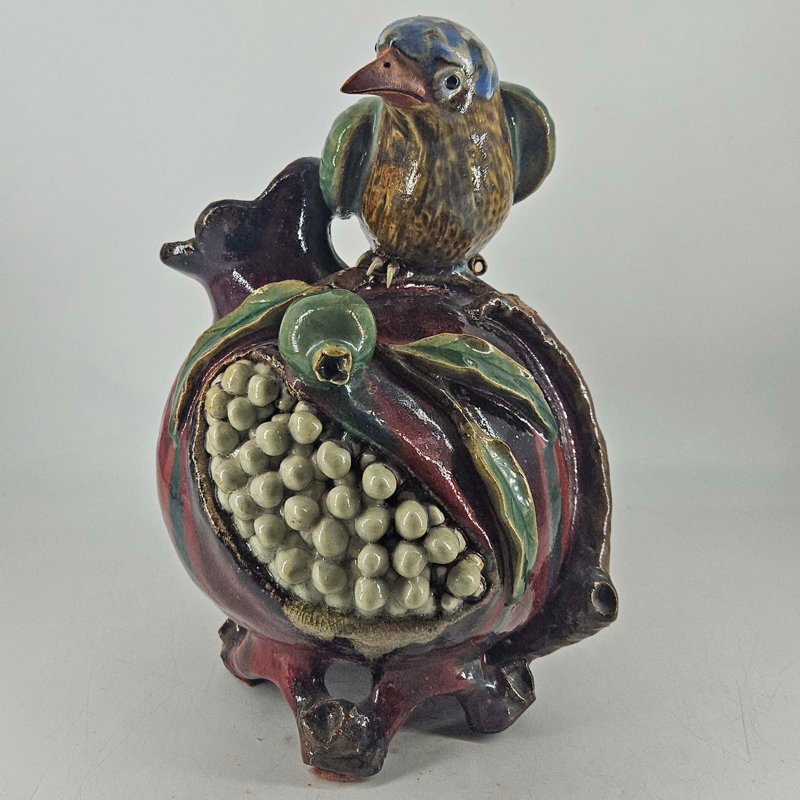 Vintage Chinese Shiwan Boyun Pottery bird on pomegranate Vase 11