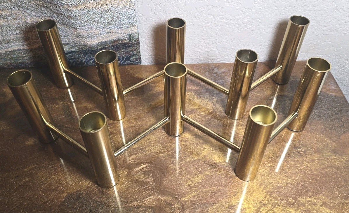 Pair of Vintage MCM Brass Zig-Zag Candle Holders | Fixed Modular Multi-Taper Can