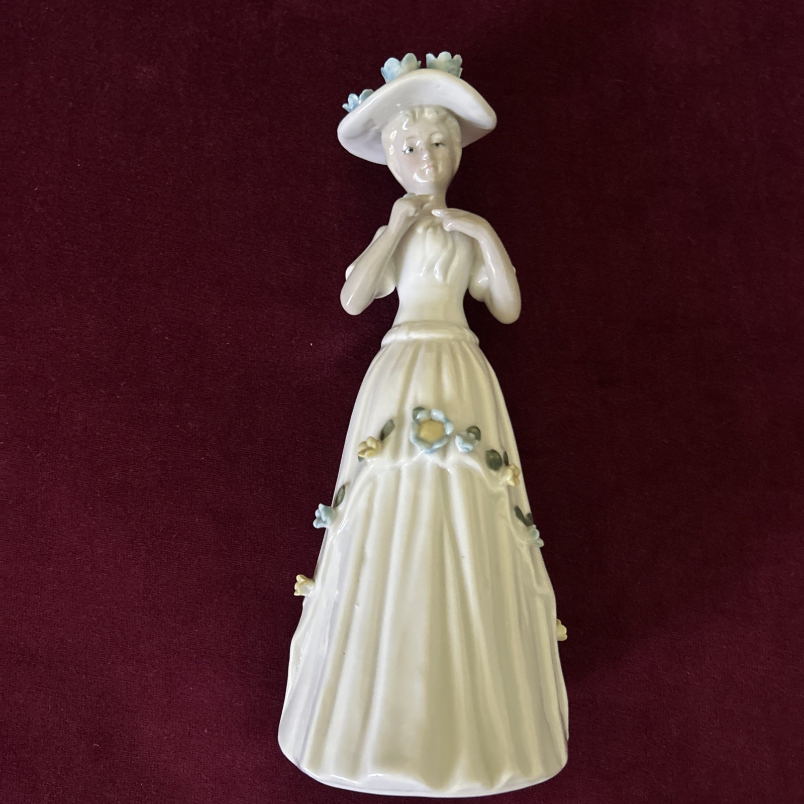 Enesco 1979 Vintage Porcelain Lady Woman Figurine In Long Dress Hat & Flowers