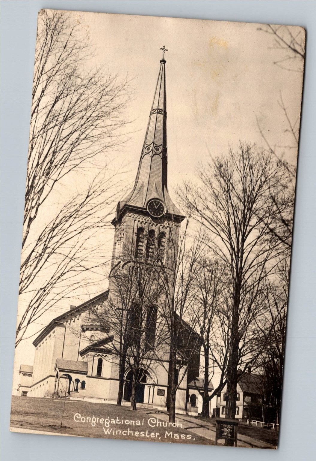 1910 Real Photo Postcard Congregational Church Winchester MA Steeple Clock