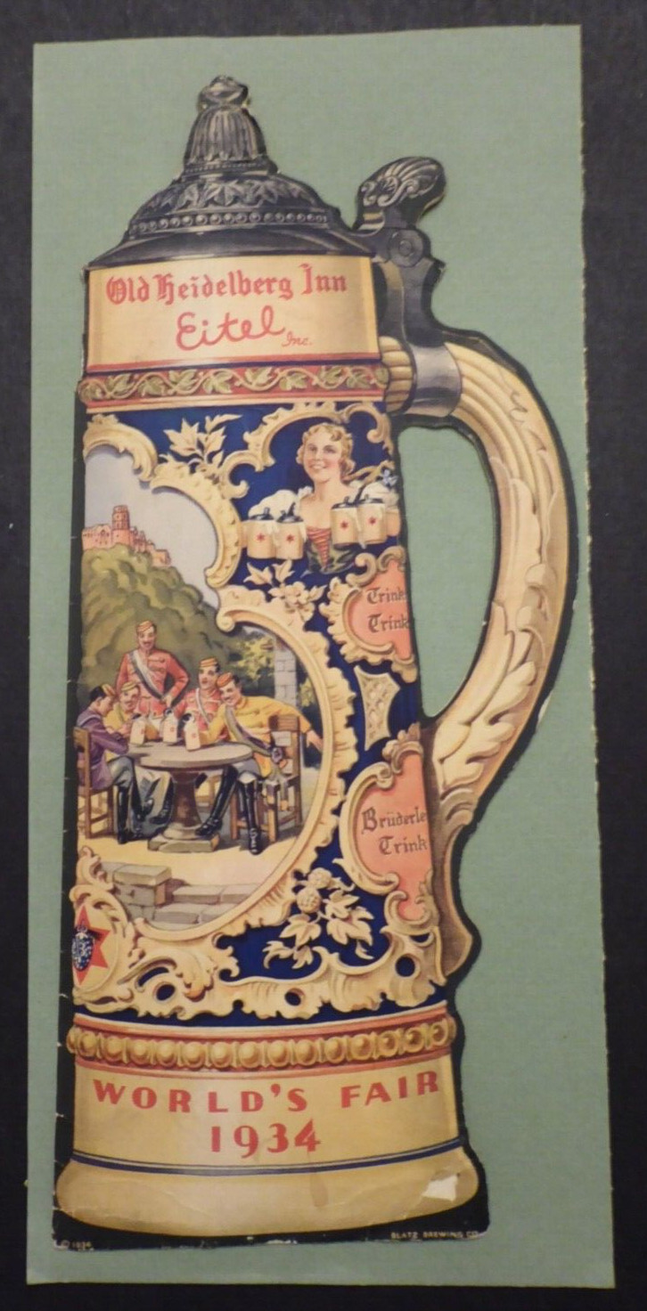 ORIGINAL 1934 WORLDS FAIR BLATZ BEER VINTAGE CARDBOARD STEIN OLD HEIDELBERG