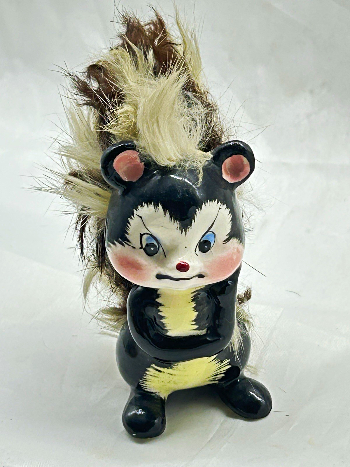 Vtg Ceramic Skunk Figurine Whimsical Angry Grumpy Face Fur Tail Made in Japan