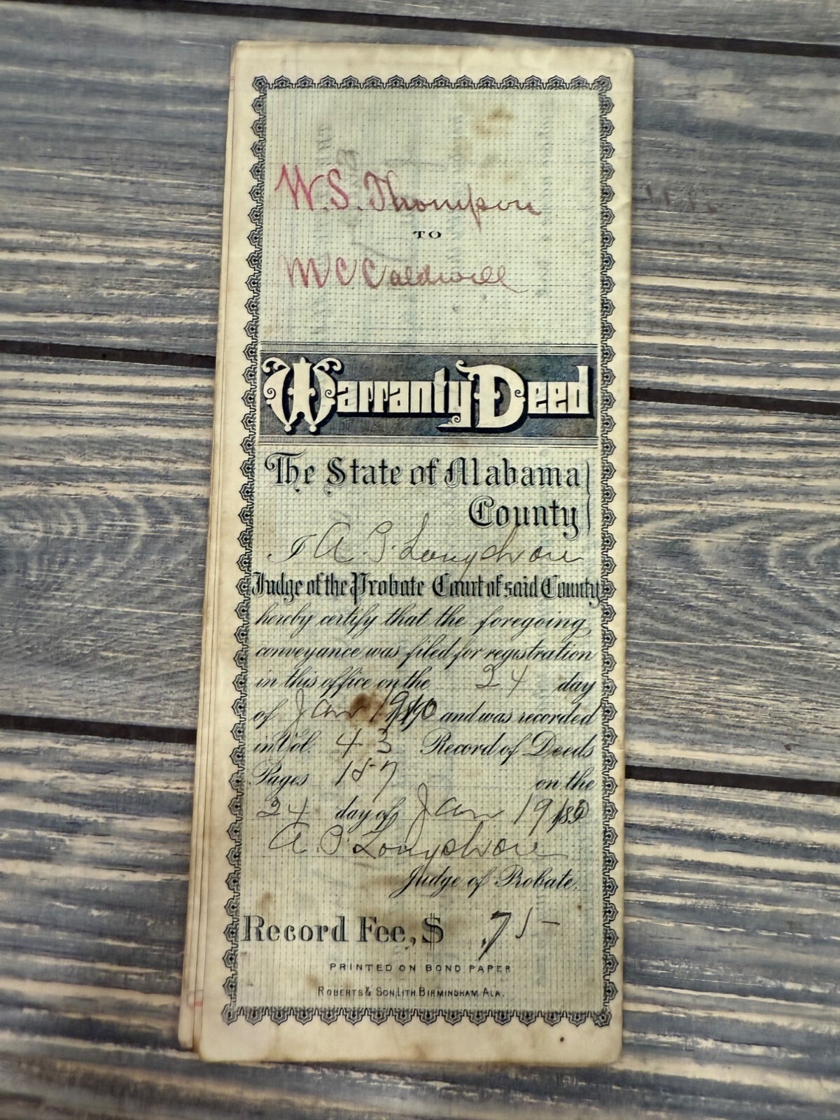 Vintage 1907 Alabama Warranty Deed Document - W.S. Thompson To M.C. Caldwell