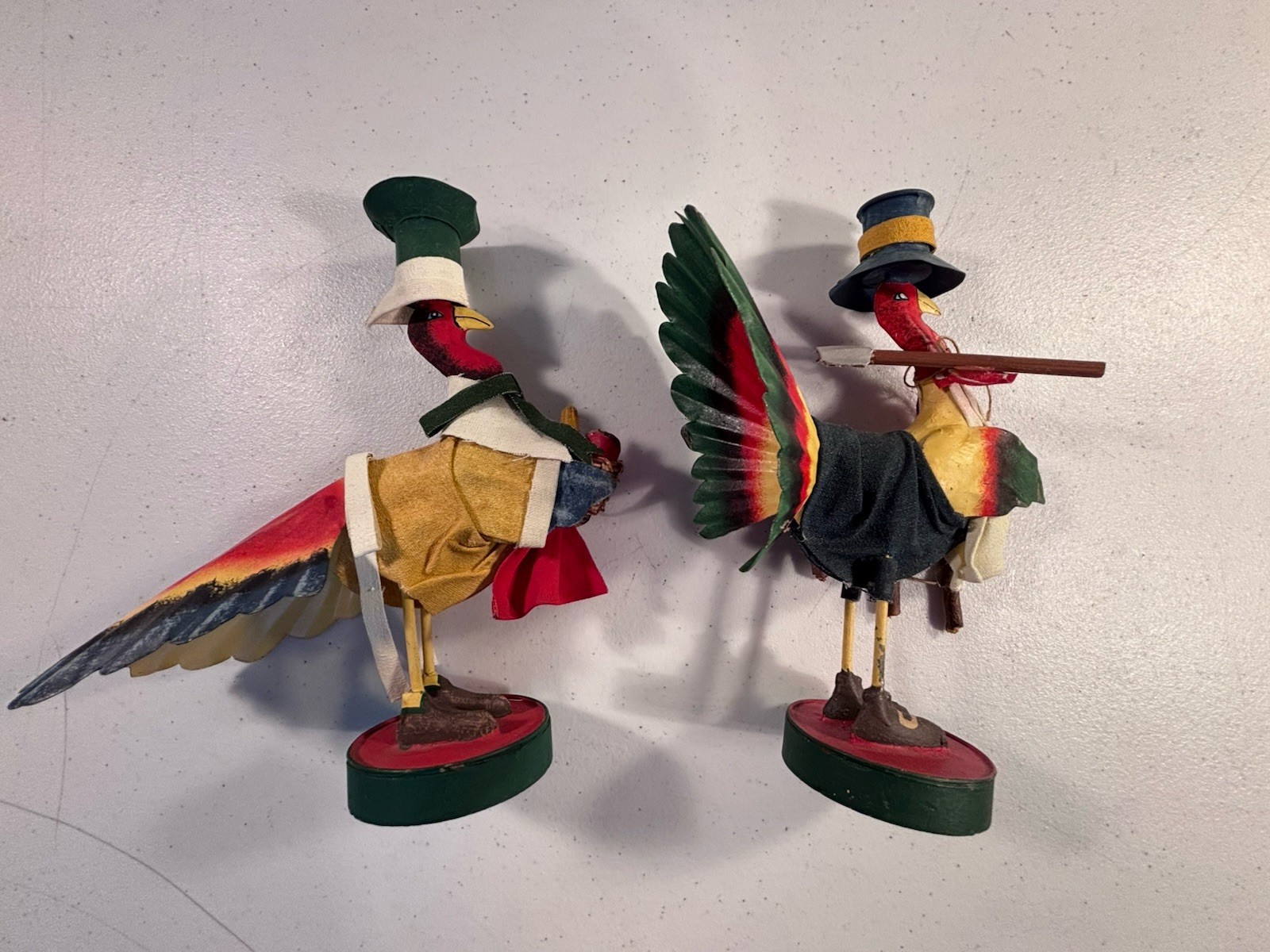 Two Vintage Tin Hand Painted Dressed Turkey Thanksgiving Taper Candle Holder 8”