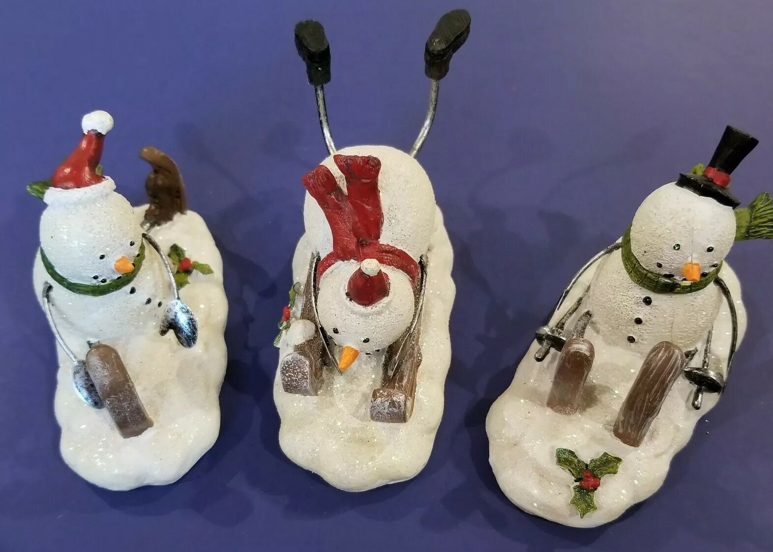 Transpac Resin Sledidng Snowmen 3 Figurine Set Christmas Decor 3”x5\