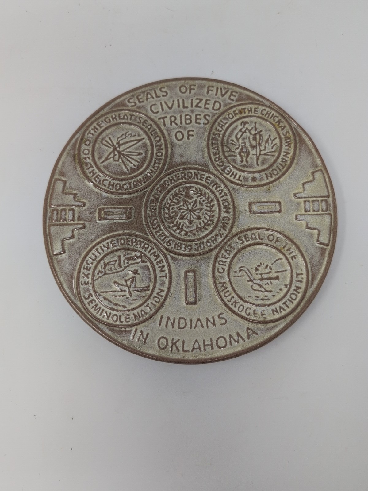 Vintage Frankoma Seals of Four Tribes Oklahoma Trivet Hot Plate 6 1/2