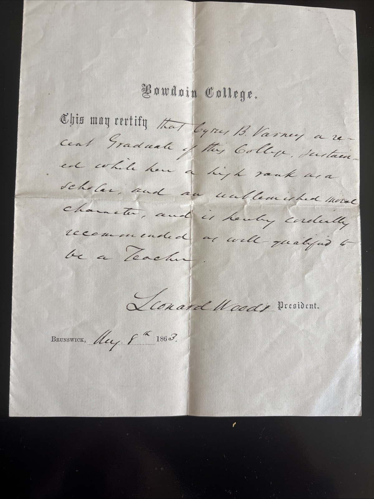 1863 Bowdoin College Certificate to Cyrus B. Varney, signed by Leonard Woods