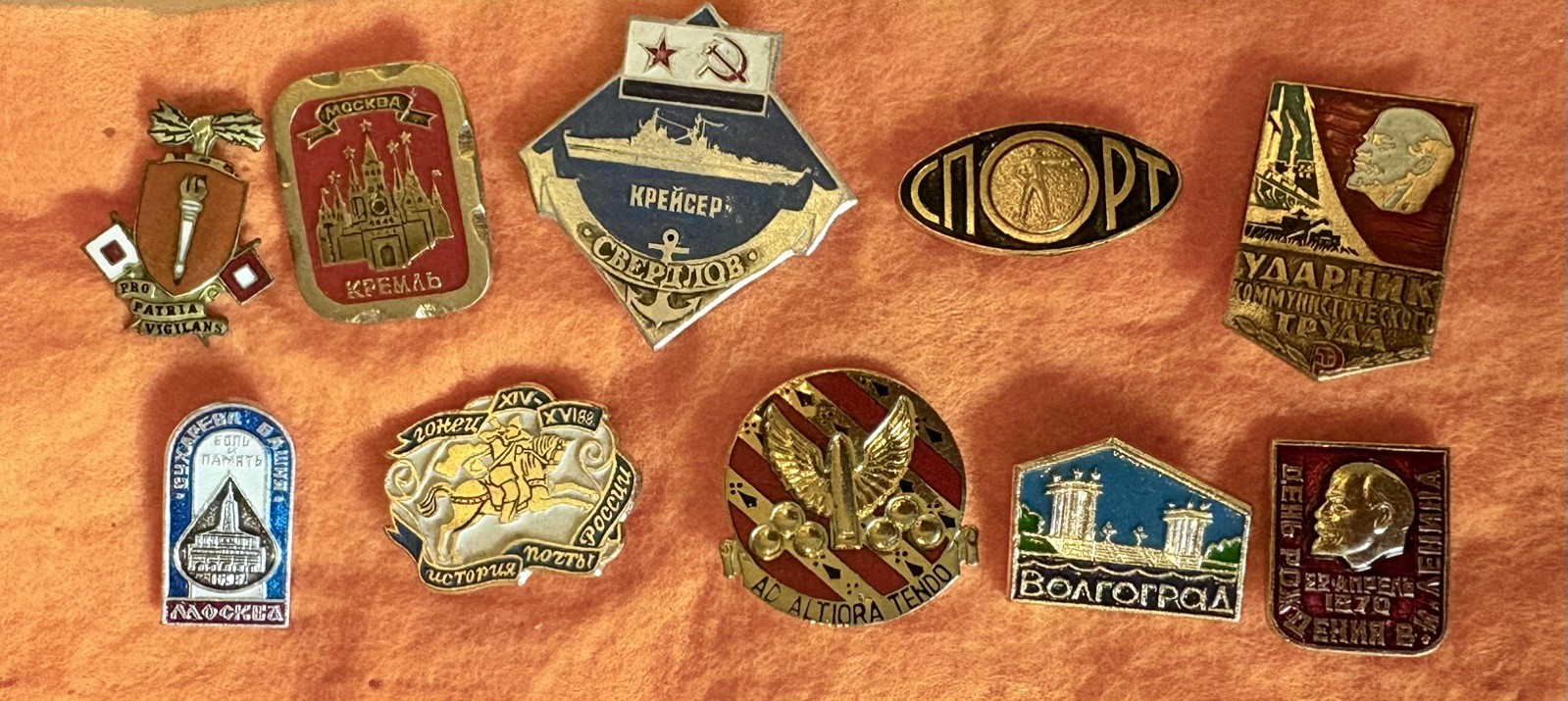 Lot of 10 Vintage Soviet USSR Russian Enamel Lapel Pins Moscow Sports Lenin