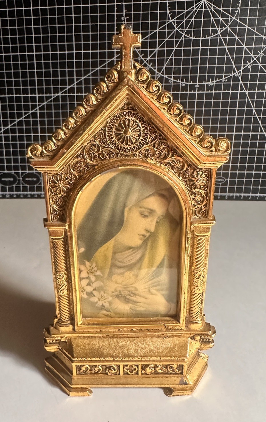Antique “Madonna Of The Lillies” By A. Collino Traveling Metal Altar gold Gilt