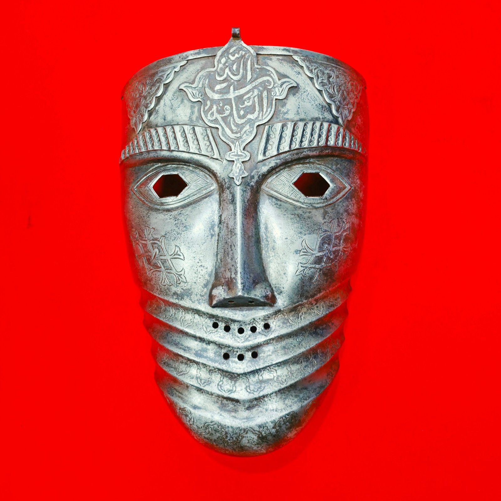 VINTAGE IRON MUGHAL INDO PERSIAN ISLAMIC WARRIOR'S FACE MASK ARABIC INSCRIPTION