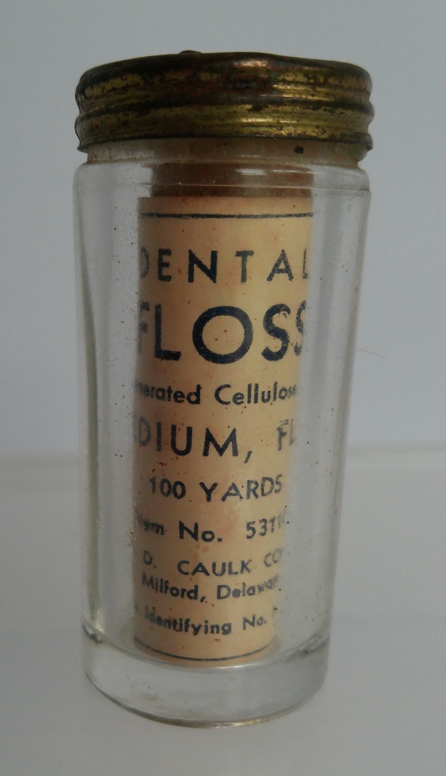Vintage Caulk Co. Dental Floss Glass Jar w/Dispenser Lid & Label