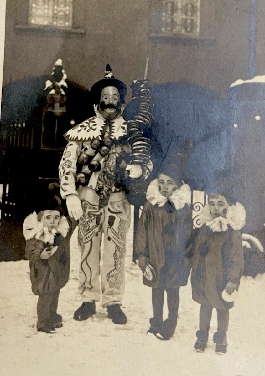Antique RPPC Carnival Halloween Creepy Photo. Binche Petits Gilles Mask