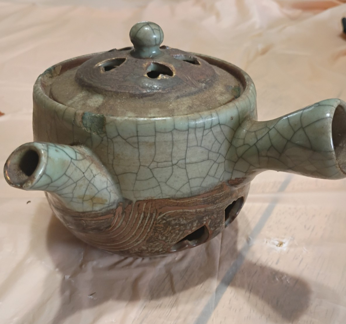 Vintage Soma-yaki Teapot - Japanese Soma Ware Green Crackle