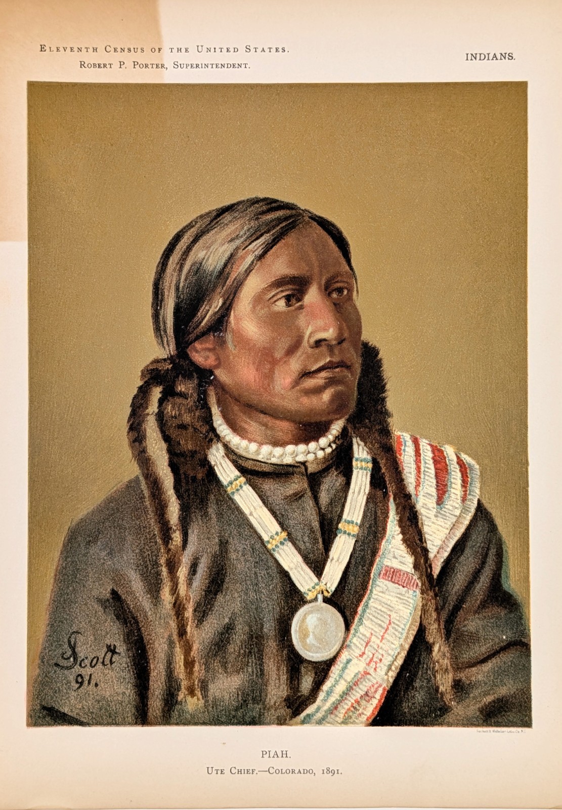 1891 UTE - COLORADO Indian Chief PIAH Original Chromolithograph Print