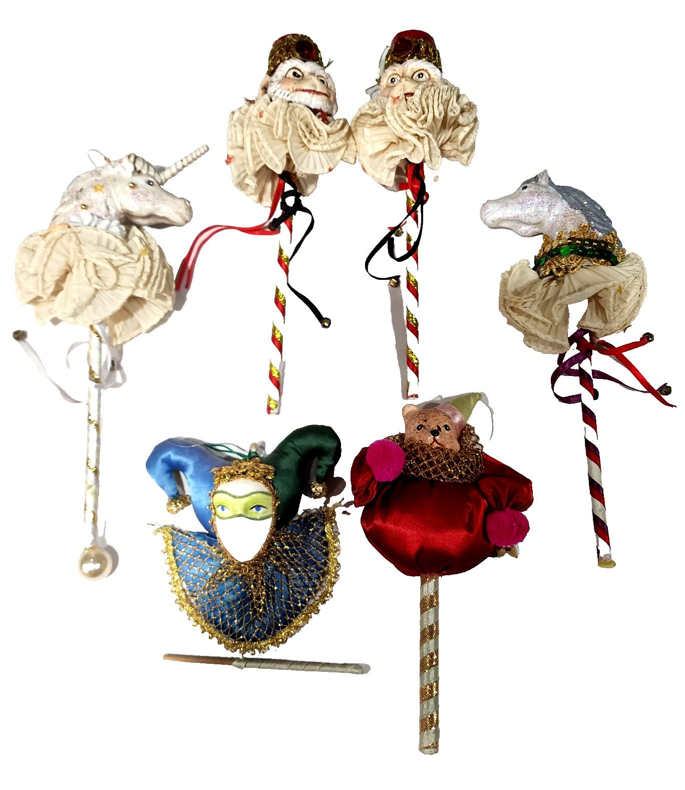 Vintage 6pc Silvestri Lasting Endearments Christmas Jester Stick Ornament Lot