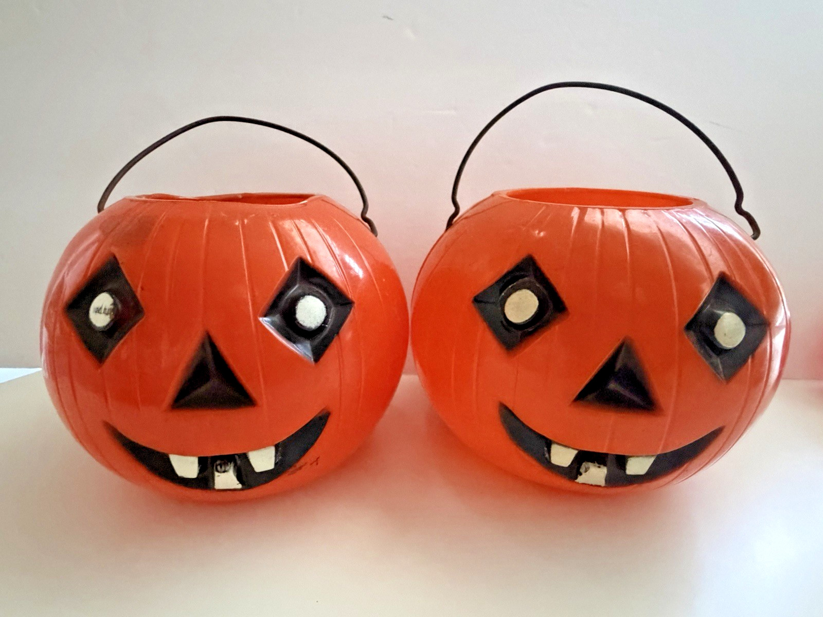 Two 1950s Rosbro Hard Plastic Halloween Pumpkin/JOL Container w/Metal Bail