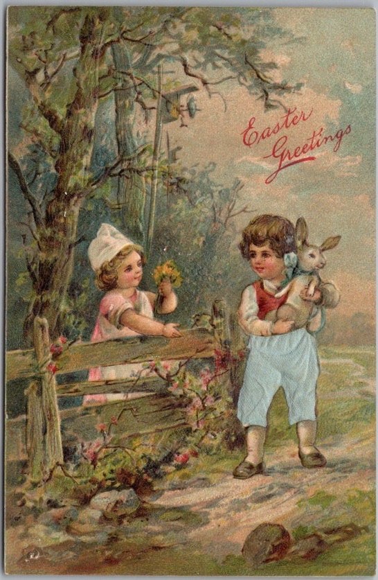 Vintage 1910s EASTER GREETINGS Embossed Postcard Boy & Girl w/ Rabbit / Germany