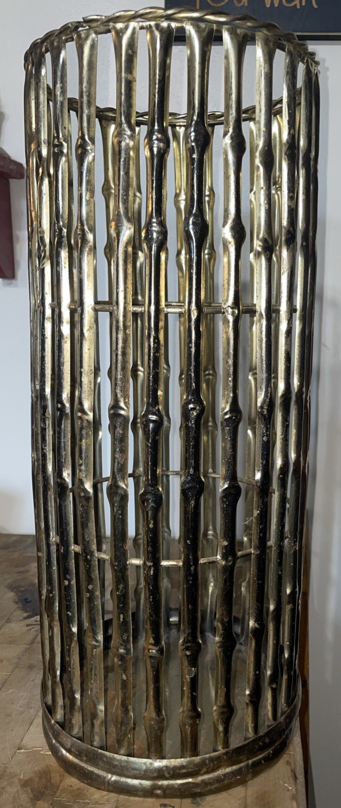 Faux Bamboo Umbrella Cane Holder 19x8 MCM Hollywood Regency Gold Color Metal