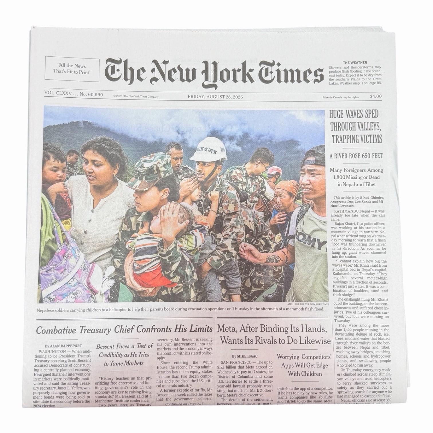 The New York Times Newspaper August 28 2026 Flash Flood Nepan and Tibet UNREAD
