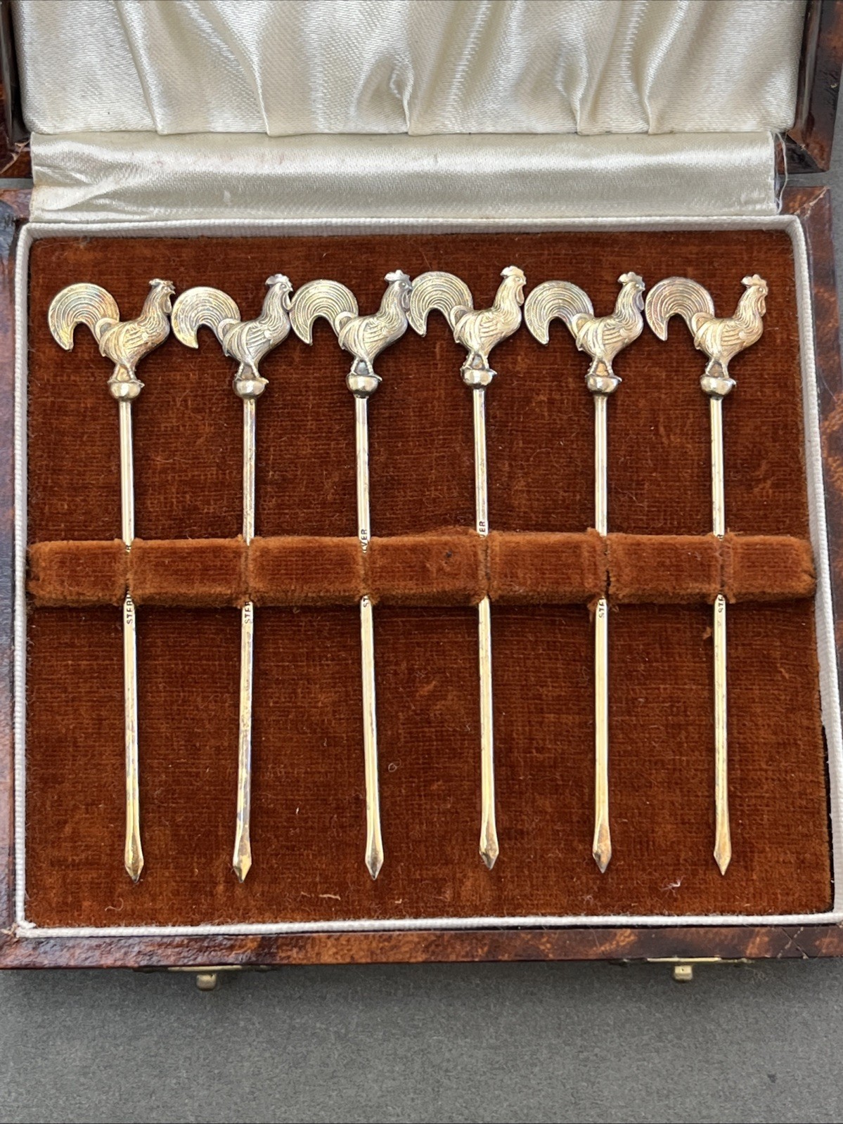 Vintage Gold Plated Silver Rooster Cocktail Sticks In Box