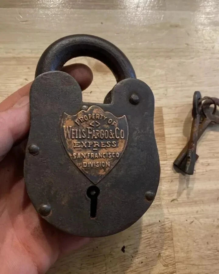 Antique Wells Fargo Padlock With Key Set Lock HUGE 1 1/2L Gunsmith Collector