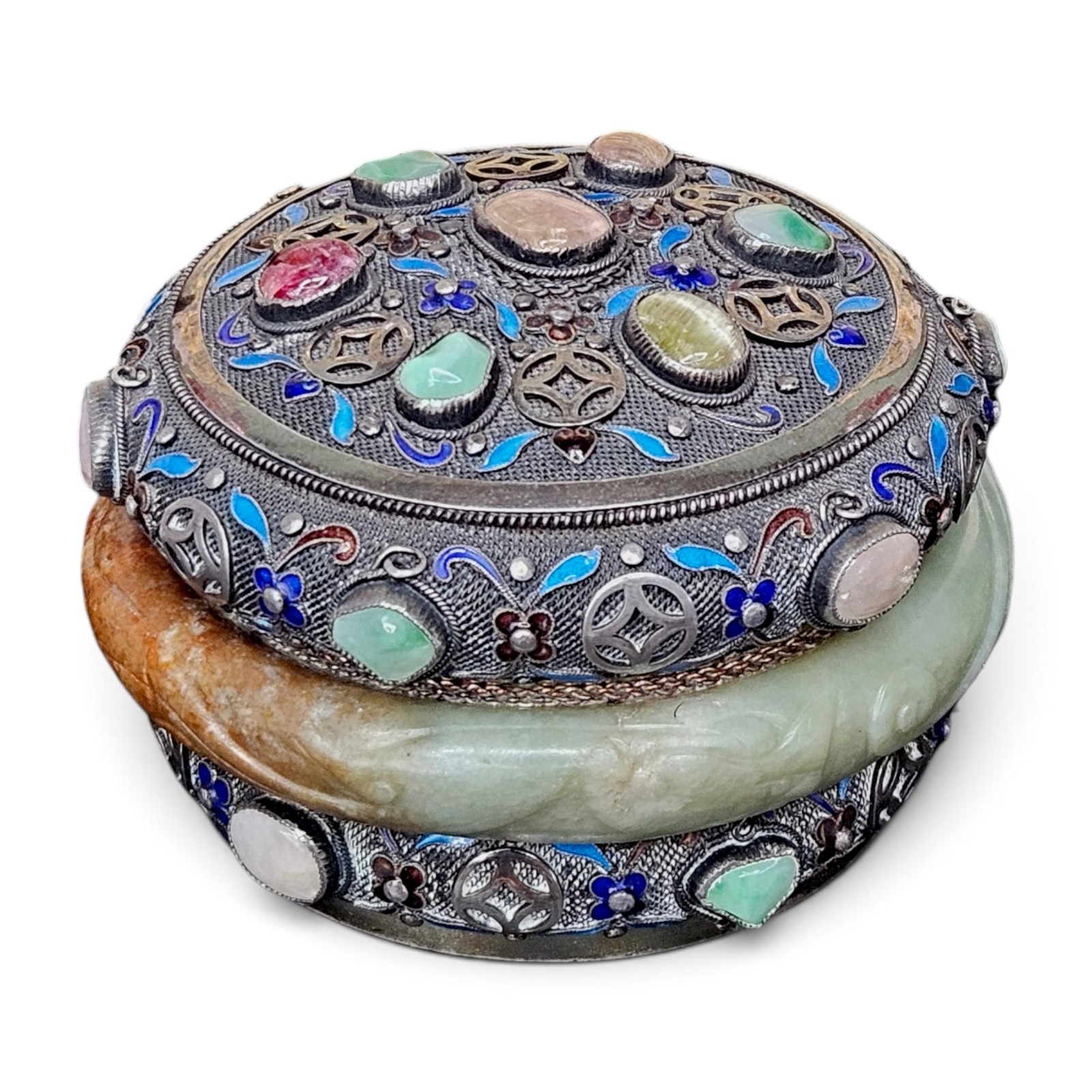 Fine Vintage Chinese Enamel Silver Box with Carved Jade Bangle and Gemstones