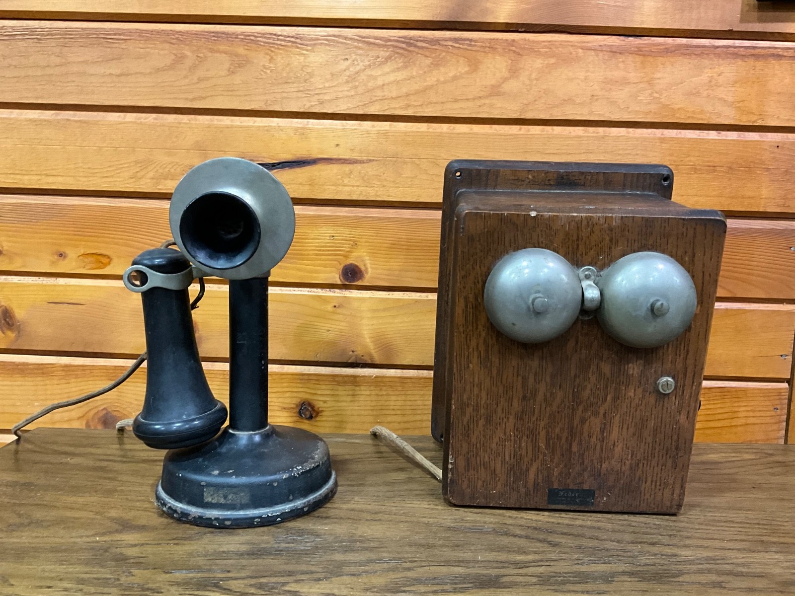 Antique  Federal telephone with a candlestick design an Oak Ringer Box