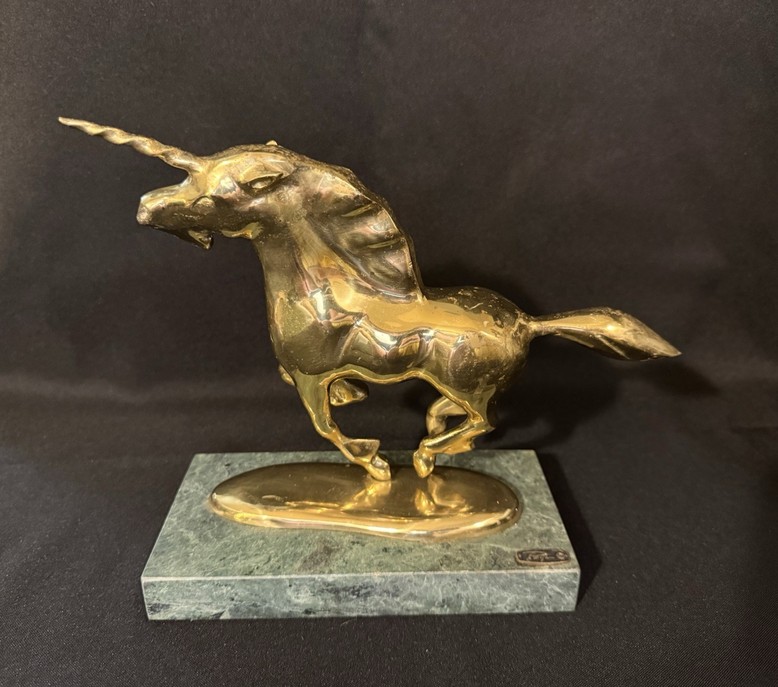 BIJAN 1980’s Unicorn bronze on green marble base sculpture w/ Signed Plaque