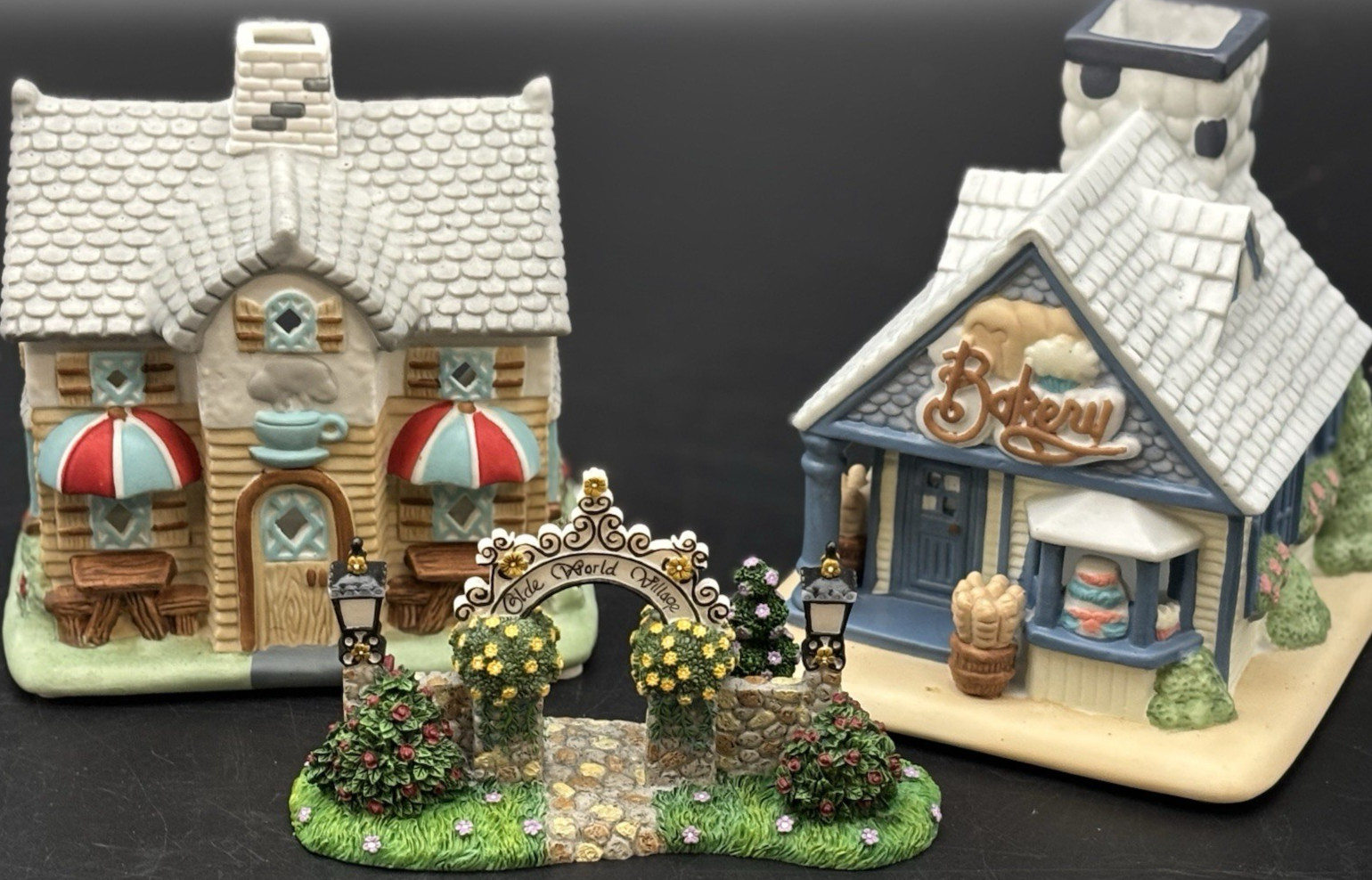 PartyLite Olde World Village Cafe, Bakery, Entrance Gate 3pc Retired New No Box