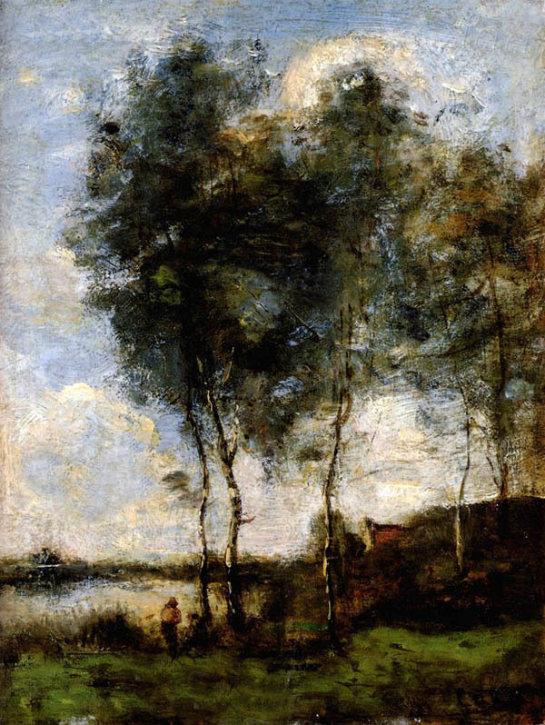 Dream-art art Oil painting Corot - Fishman in sunset summer landscape canvas 36\