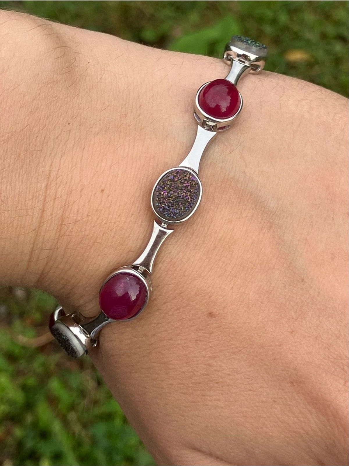 Genuine Ruby Drusy Quartz Sterling Silver Bracelet