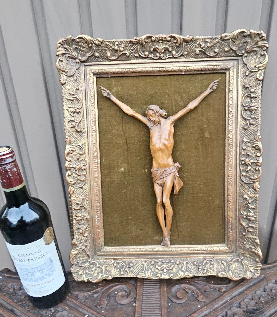 Antique Wood carved corpus christi velvet frame plaque religious