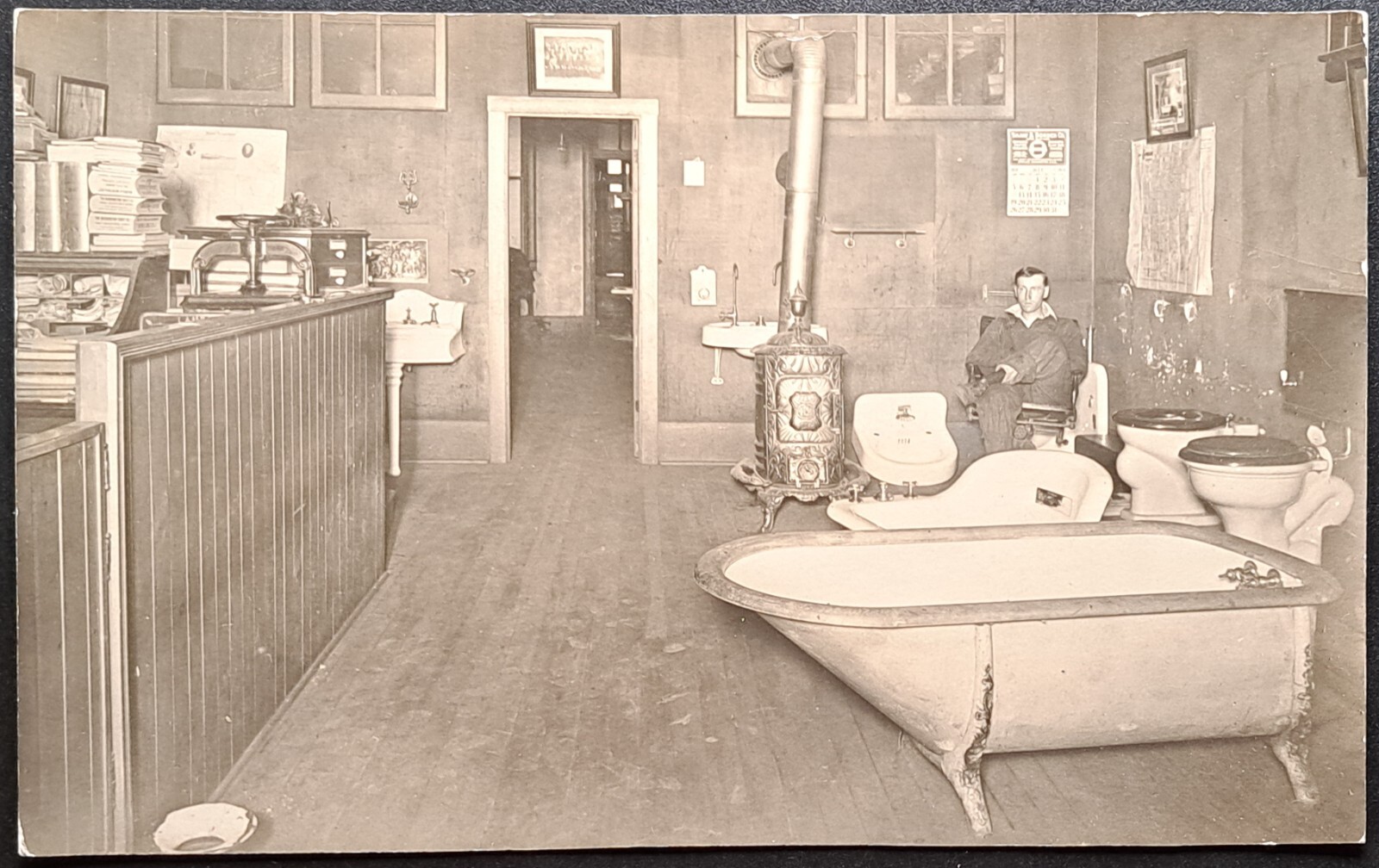 1910 Spokane WA Plumbing Supply Interior RPPC – Bathtub Stove Toilet Display