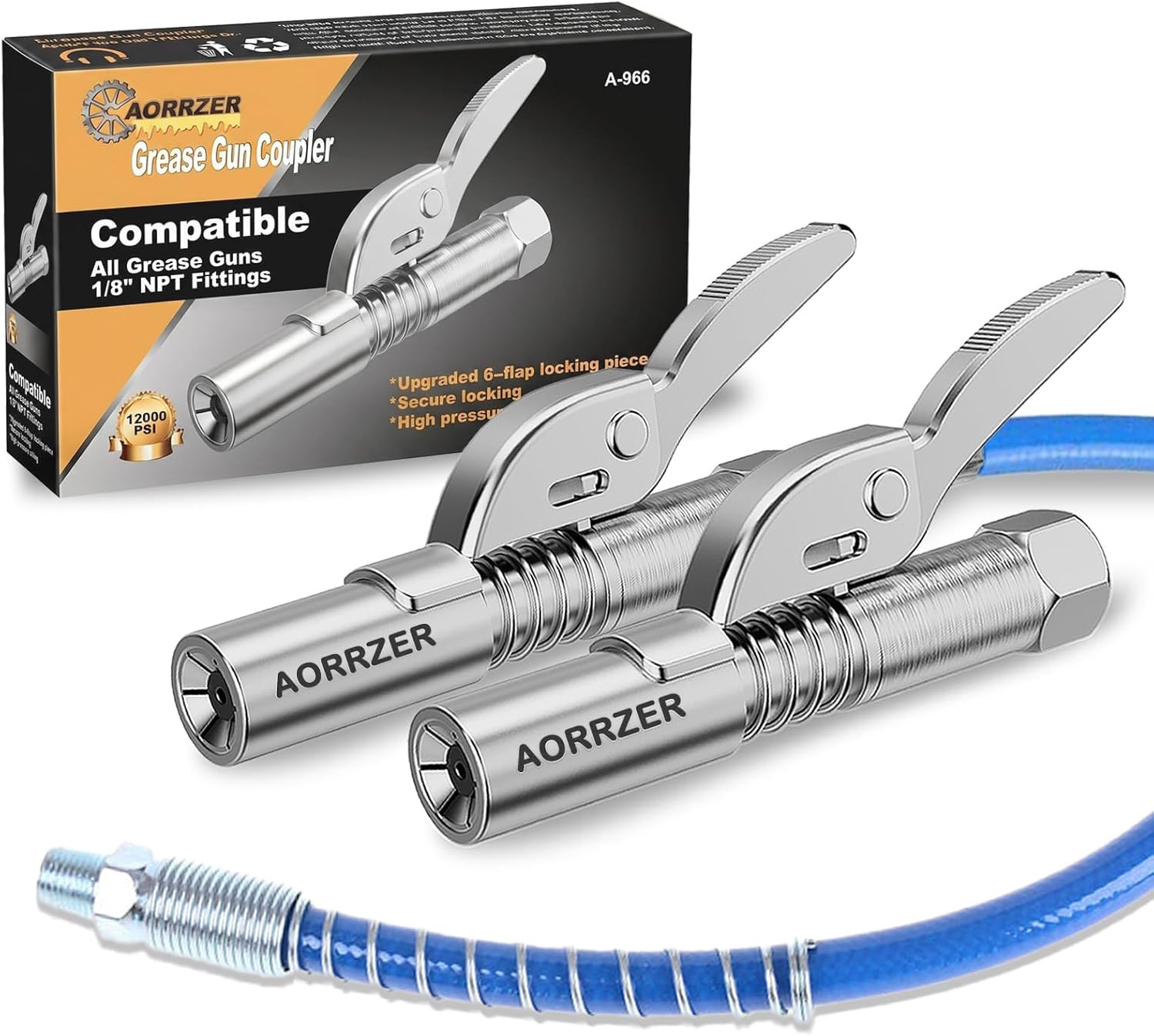 Grease Gun Coupler 2 PCS, Strong Lock on Greases Gun Couplers, 12000 PSI Quick R