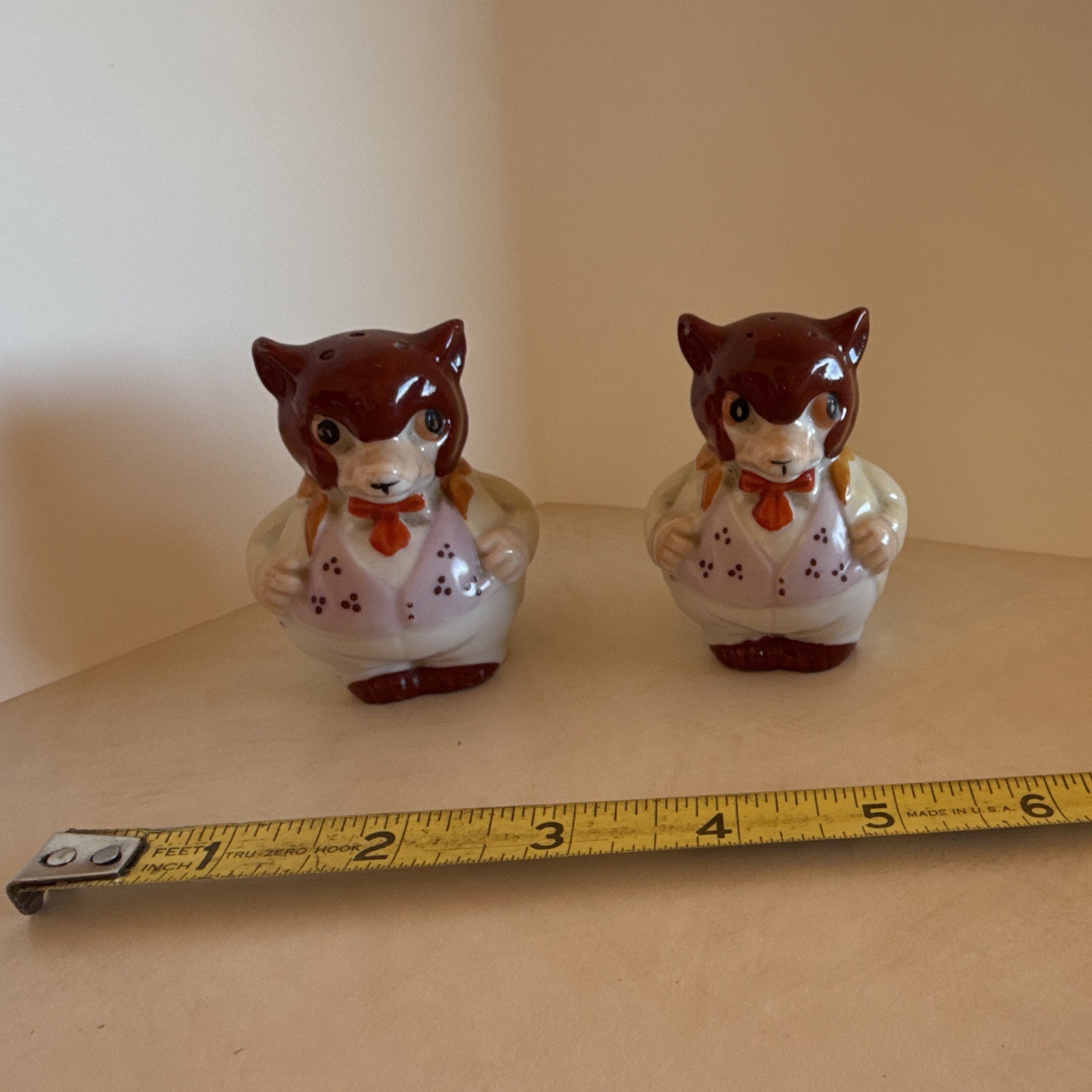VINTAGE Mid Century Anthropomorphic Fox Wolf Salt Pepper Shakers Japan Ceramic