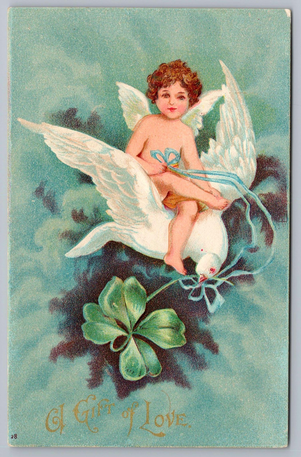 1907 Valentine's Day Cupid Riding Dove Four Leaf Clover Vintage Postcard