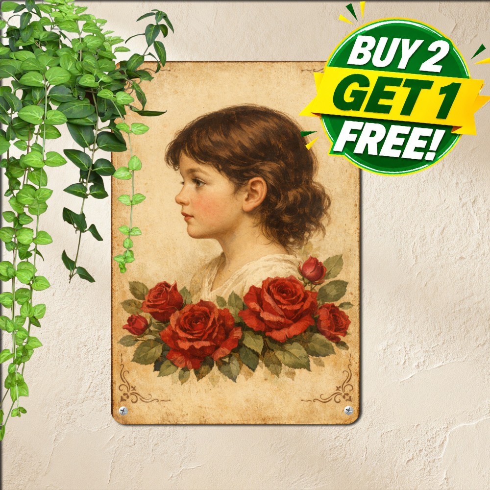 Sweet Young Girl Red Roses Garden Sign Nostalgic Country Metal Tin Plaque