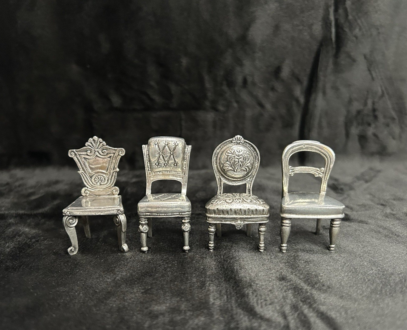 Vintage 1996 Universal Pewter Miniature Chairs Set of 4 Dollhouse Place Card NIB
