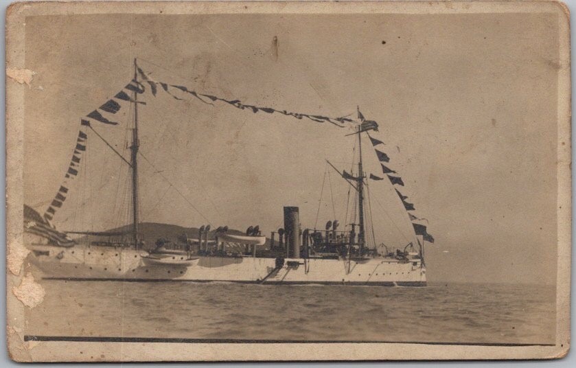 Vintage 1910s Real Photo RPPC Postcard Steamship with Flags / Ship ID Not Known