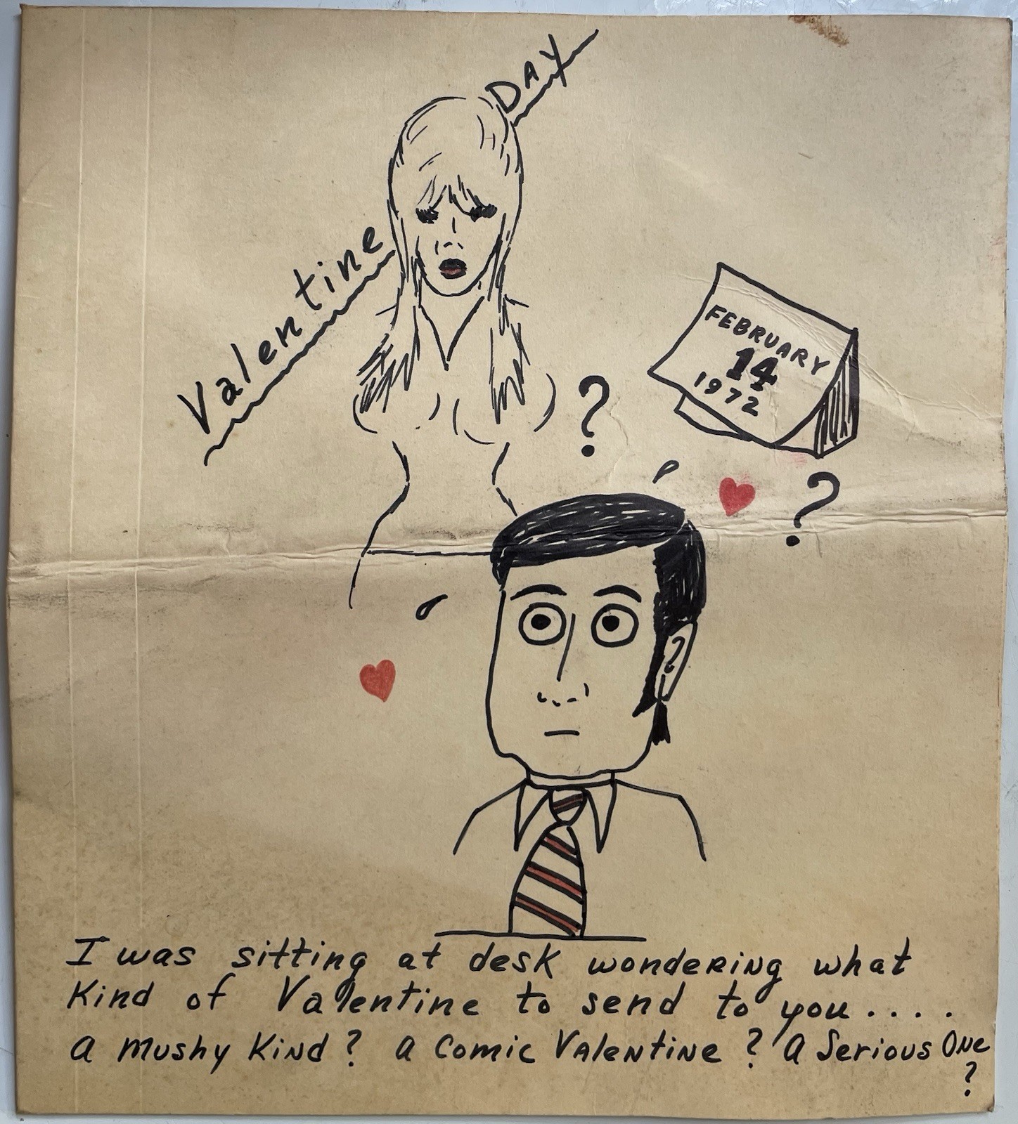 Vintage Hand Drawn Valentine’s Card Husband to Wife 1970s Folk Art Love Romance