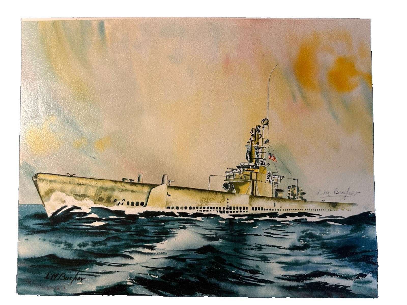 Lloyd M Bucher Original Watercolor WWII US Navy Submarine Signed 
