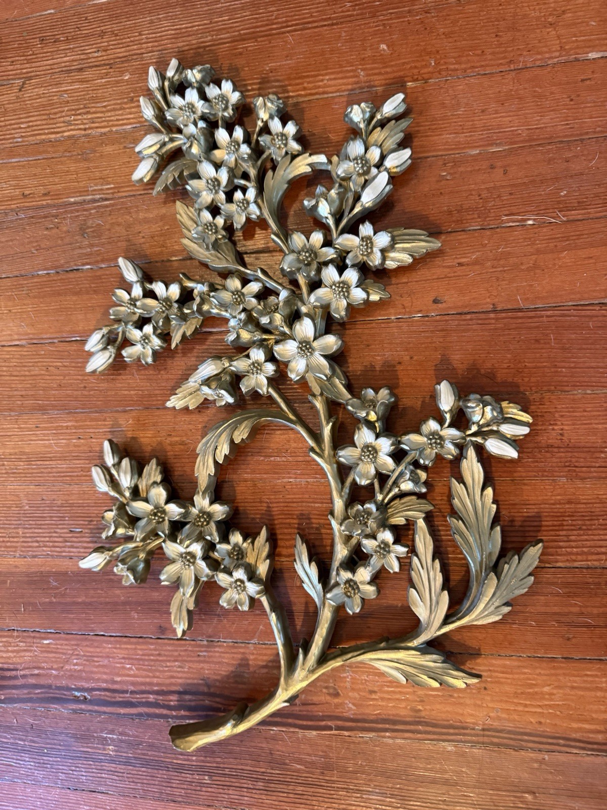 Vintage 1967 Syroco Dogwood Branch Wall Art 20” Gold Cream Flowers MCM Cutie