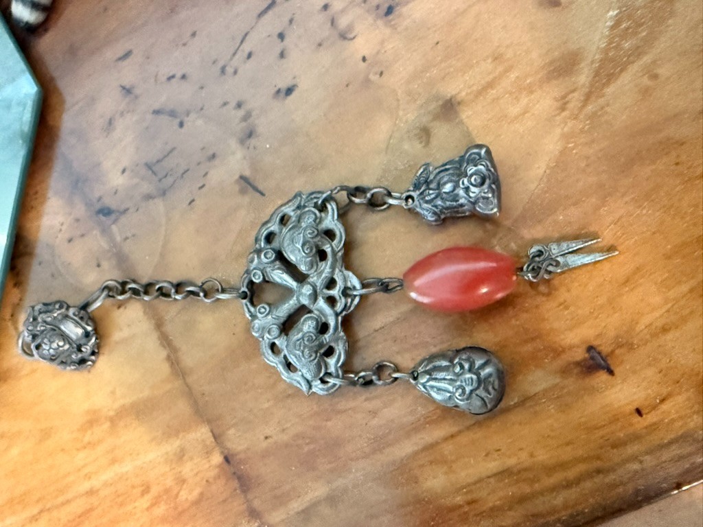 Antique Chinese Qing Silver Chatelaine Bat Pendant Carnelian Bead Charms Hook