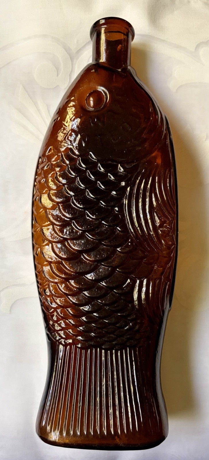 THE/ FISH BITTERS AMBER BOTTLE - W. H. WARE  PATENTED 1866 - FIGURAL BITTERS